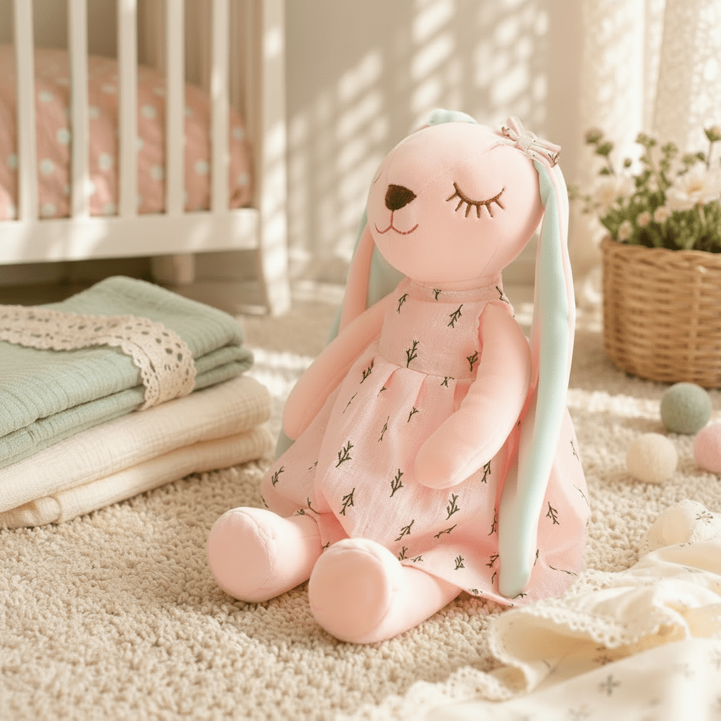 Pink plush bunny toy with a dress in a nursery setting